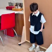 2026男童夏裝2025新款中大童夏季男孩表演禮服兒童西裝馬甲三件式COD COD 百搭