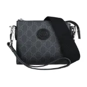 GUCCI INTERLOCKING皮標雙G字母LOGO滿版印花設計塗層帆布邊飾牛皮拉鍊手拿斜背包(迷你/黑灰)