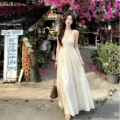 木耳邊甜美仙氣長洋【6756】春夏民族風波西米亞出國渡假泰國海邊出遊氣質純欲甜辣網紅仙女過膝長洋裝 BonChu