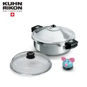 瑞康屋Kuhn Rikon 瑞士壓力鍋寬口雙柄5L+玻璃蓋28cm+粉彩豬計時器