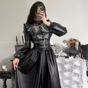 開統編 聖誕節cos 高品質cos服 七了個三「深淵女僕」暗黑pu皮長裙大裙擺立領連衣裙女傭cos套裝 聖誕氛圍支持加 