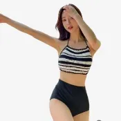 【SeasonsBikini】削肩針織綁帶高腰泳衣 -347(高腰顯瘦泳衣削肩比基尼)