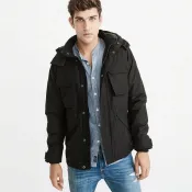 美國百分百【Abercrombie & Fitch】外套 AF 連帽 夾克 麋鹿 風衣 大衣 防風 保暖 黑色 S M L I510