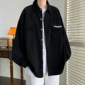 港風工裝長袖襯衫男生高級感外套春秋季日系男裝燈芯絨薄款襯衣潮連帽外套 棉質外套 吉爾登