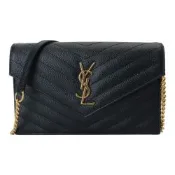 YSL-CASSANDRE粒面皮革信封式鍊帶WOC包(黑)小