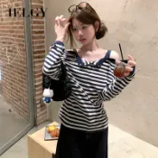 IELGY 條紋半開領露肩長袖T恤女百搭寬鬆上衣
