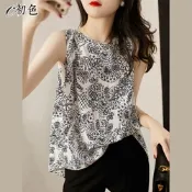 初色 復古印花無袖雪紡上衣女上衣-白色-99509(M-2XL可選)