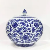 (店+)【御古齋】景德鎮 青花瓷 花開富貴 大茶倉 特大 茶葉甕 聚寶盆 陶瓷工藝品 裝飾藝術 收藏擺件 1206