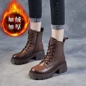 ♞,♘2025秋冬新款真皮馬丁靴女短靴繫帶休閒靴高跟鞋百搭時尚中筒靴子