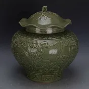 宜家二居 清龍泉窯青瓷浮雕鬼谷子下山荷葉蓋罐仿出土老貨古瓷器古玩收藏