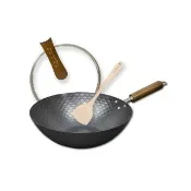 【神田】KANDA 日本製 窒化鐵 鑽石紋 無塗層鐵炒鍋 鐵鍋 IH爐可用鍋 30cm(贈玻璃鍋蓋+木鏟)