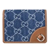 【康是美官方網購】GUCCI 820692 GG Emblem 滿版丹寧緹花織布扣式短夾.藍/咖