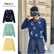 (店+)【PROGA】PG25010 100%純美麗諾羊毛 圓領針織長袖毛衣女 星星花紋 16針細柔款3色 透氣保暖
