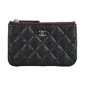 【CHANEL 香奈兒】CHANEL銀字LOGO粒紋縫線設計小牛皮拉鍊零錢包(黑)