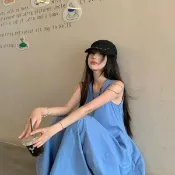 度假洋裝 短袖洋裝 顯瘦洋裝 海島洋裝 海邊洋裝 渡假洋裝 法式度假風氣質藍色背心連衣裙女夏季新款設計感收腰顯瘦a字長裙