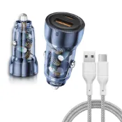 (店+)【WELLY】PD60W急速充電 PD+QC淨透雙孔車充頭+USB to Type-C 耐拉編織充電線(100CM)