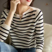 一字領大碼打底衫女微寬鬆長袖針織衫新韓版百搭條紋棉質內搭上衣