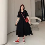 Chubchic~150kg內穿 大尺碼洋裝 黑洋裝 夏季polo領長款過膝T恤裙女 胖mm女裝 寬鬆大擺裙 短袖連身裙