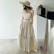 #L115232 法式渡假氣質長裙真兩件套裝 細肩吊帶側皺摺修身短版背心+後鬆緊腰傘狀大裙擺蛋糕長裙
