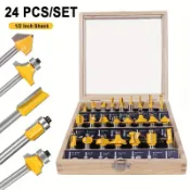 一套 PEFTOOL 24 件 1/2 英寸工業級路由器鑽頭套裝,帶碳鋼手柄的碳化鎢木工工具,