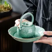 喜挖2店 覓已越窯梅子青家用提樑壺浮雕牡丹大號茶壺青瓷帶過濾功夫茶具