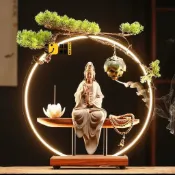 時尚家居 免運/附發票 公司貨 【免運】新款中式觀音菩薩佛像禪意燈圈倒流香爐家居辦公室玄關擺件 陶瓷工藝品工廠現貨直銷 售後保障 店長推薦 5s12230