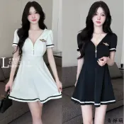 正韓洋裝夜店制服誘惑性感深V領胸前拉鏈撞色拼接修身大擺連身裙性感洋裝 辣妹洋裝 夜店洋裝 氣質洋裝 收腰洋裝 顯瘦洋裝