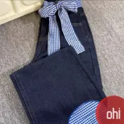 【ohi】蝴蝶結綁帶格子拼接牛仔褲 高腰寬鬆闊腿顯瘦牛仔長褲 長褲女 女生褲子 休閒長褲 大碼女裝 XGJYN06
