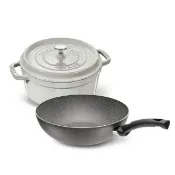 【STAUB】松露白琺瑯鑄鐵鍋20cm贈義大利製LUCCA不沾炒鍋28cm