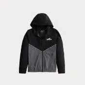 【HOLLISTER Co】HCO 海鷗 文字運動防風防潑水連帽風衣外套-黑色 上衣(精選舒適/平輸品)