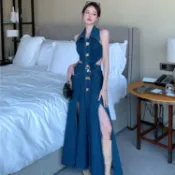 韓版氣質性感牛仔洋裝女裝緊身收腰鏤空開衩露腰中長款翻領無袖牛仔長裙