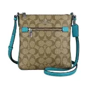 【COACH】COACH ROWAN馬車LOGO滿版印花PVC拉鍊斜背包(迷你/卡其x淺孔雀藍)