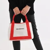 BALENCIAGA 巴黎世家  NAVY 簡約款手提帆布包(米白/紅邊)