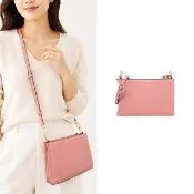 【Michael Kors】TRISHA金字LOGO荔枝紋三層斜背包(玫瑰粉)