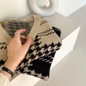 米蘭精品 【巴黎精品】現貨+預購 針織背心無袖毛衣-V領千鳥格紋馬甲女上衣2色m1ab4