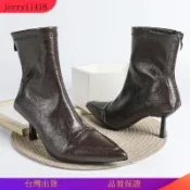 【Jerry】2色 大尺碼35-42 棕色尖頭細跟短靴 女款法式高跟彈力瘦腿靴 秋冬百搭通勤顯高穿搭