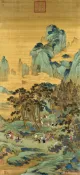 銀聯網日用品生活館 仿古畫名畫復制品明仇英仿明皇幸蜀圖軸國畫40X86cm青綠山水畫