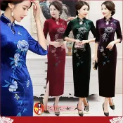 秋冬款絲絨印花旗袍長款改良大碼媽媽女裝日常宴會演出服連衣裙禮服洋裝｜清幽牡丹 三色｜水水女人國