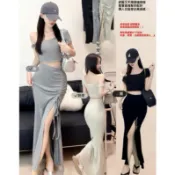 現貨💕 #8071 eg 摩登美肩｜撩系氛圍🖤 露肩扭結短袖內杯上衣＋綁帶魚尾裙