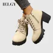 IELGY 高跟短靴,女式圓頭繫帶短靴