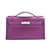 【Hermes 愛馬仕】經典Mini Kelly pochette系列牛皮銀釦手提包(海葵紫)