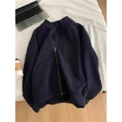(店+)顯白減齡藏青色立領外套女寬鬆韓版空氣層春秋款氣質百搭拉鍊衛衣