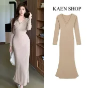 KAEN SHOP❤️8614女秋冬韓版V領長袖連身裙 女V領長袖魚尾裙 絨感修身綁帶顯瘦洋裝 女長袖長版包臀魚尾裙