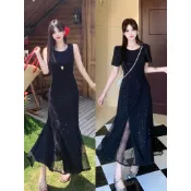 【桃喜Rich女裝】大碼女裝 夏日洋裝 氣質寬鬆顯瘦魚尾裙 拼接蕾絲洋裝 黑色百搭連衣裙 韓系宴客亮洋裝 背心短袖長裙