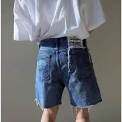 $尋寶小舖$25正韓直送AING汽車牌 春夏新款 蕾絲標特殊印刷口袋6分丹寧牛仔休閒百慕達短褲#215