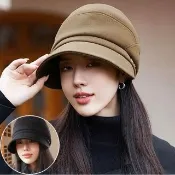 【Seoul Show 首爾秀】質感拼接金屬字母漁夫帽挺版小臉堆堆帽防寒保暖貝雷帽(防寒保暖)