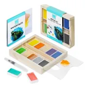 【COLOUR BLOCK】10色金屬固體水彩木盒套組 含水筆 畫本(金屬水彩 塊狀水彩 寫生 畫畫禮物 美術用品)