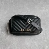 美國百分百【全新真品】GUESS 山形紋 金鍊肩背包 小腰包 兩用包 磁吸掀蓋 拉鍊包 女款 LOGO 黑色 AT11