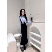 【Yun.漾 Shop】現貨#7275❤韓系綁帶襯衫+吊帶魚尾裙set