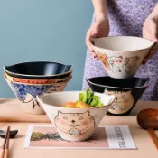 日式斗笠碗  耐高溫陶瓷碗 釉下彩 拉麪碗 日式麵碗家用吃麪碗 雙耳麪碗 螺螄粉碗 日式手繪 雙孔斗笠麪碗